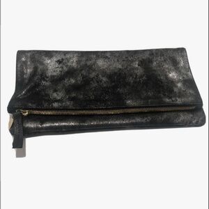 Clare V. Black metallic foldover leather clutch